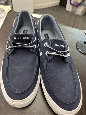 Tommy Hilfiger Men's Navy Canvas Boat Shoes with White Sole